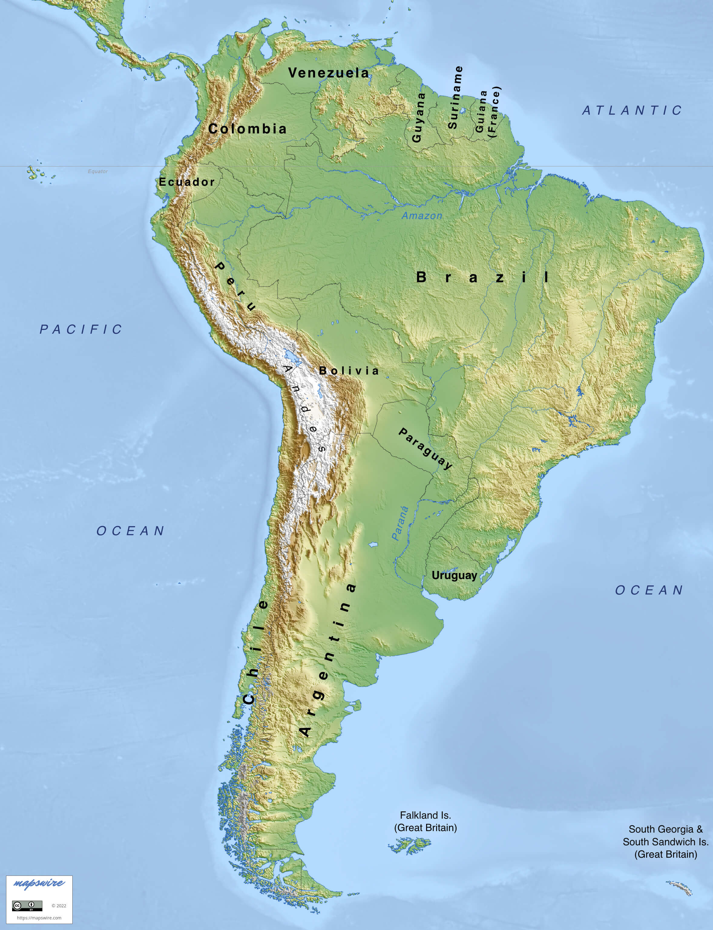 Map of South America, where most capybaras live.
